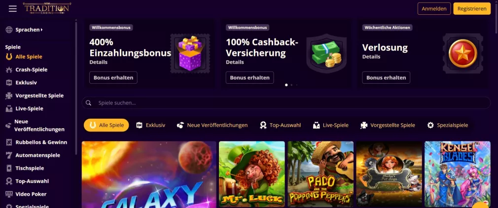 Tradition Casino – 400% Einzahlungsbonus und 100% Cashback-Versicherung für Neuspieler 2026